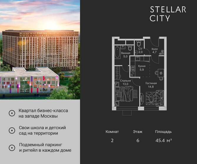 45,4 м², 2-комнатная квартира 11 974 250 ₽ - изображение 1