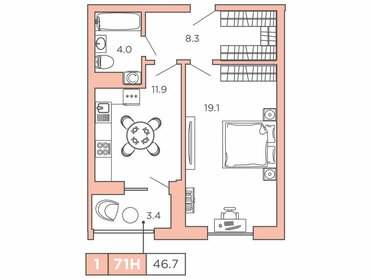 Квартира 46,7 м², 1-комнатные - изображение 1