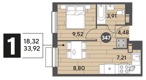 Квартира 33,9 м², 1-комнатная - изображение 1