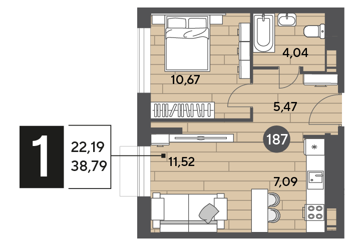 38,8 м², 1-комнатная квартира 6 384 834 ₽ - изображение 1