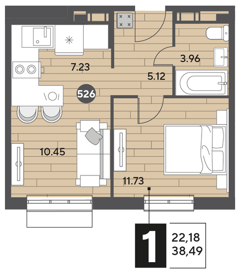 38,5 м², 1-комнатная квартира 6 316 209 ₽ - изображение 1