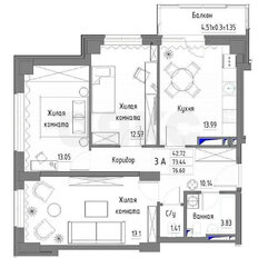 Квартира 76,6 м², 3-комнатная - изображение 2