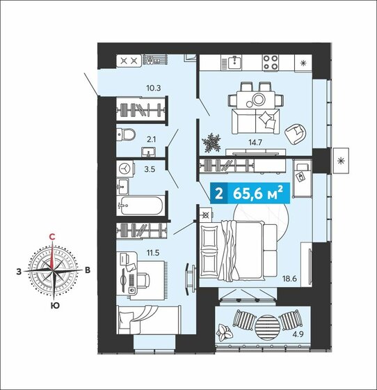 65,6 м², 2-комнатная квартира 6 378 150 ₽ - изображение 1
