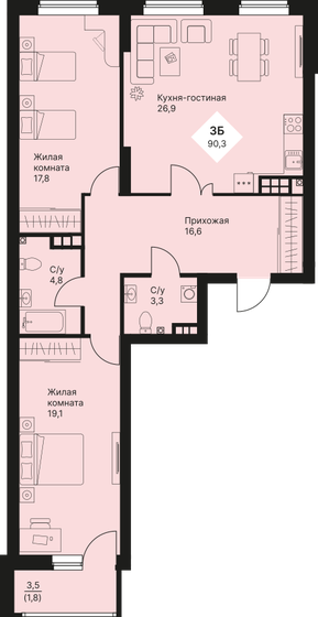 90,3 м², 3-комнатная квартира 9 656 750 ₽ - изображение 1