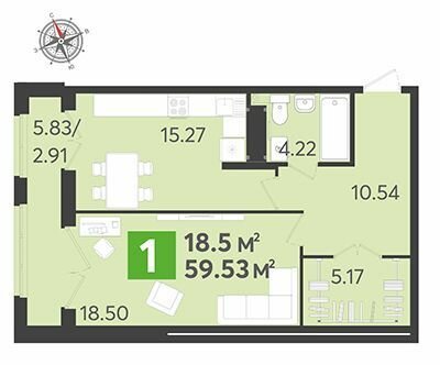 59,5 м², 1-комнатная квартира 6 182 360 ₽ - изображение 1