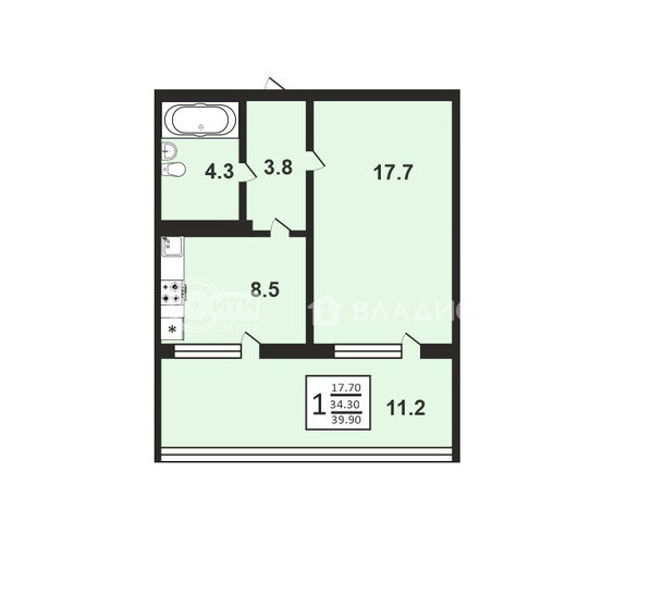 39,9 м², 1-комнатная квартира 5 500 000 ₽ - изображение 1
