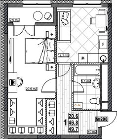 Квартира 49,7 м², 1-комнатная - изображение 1