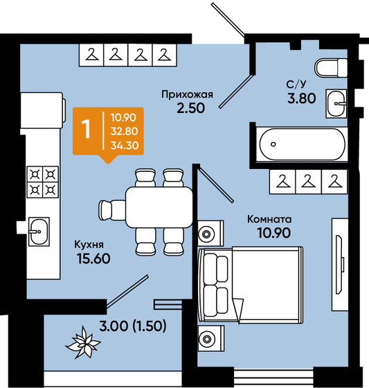34,3 м², 1-комнатная квартира 4 150 300 ₽ - изображение 1