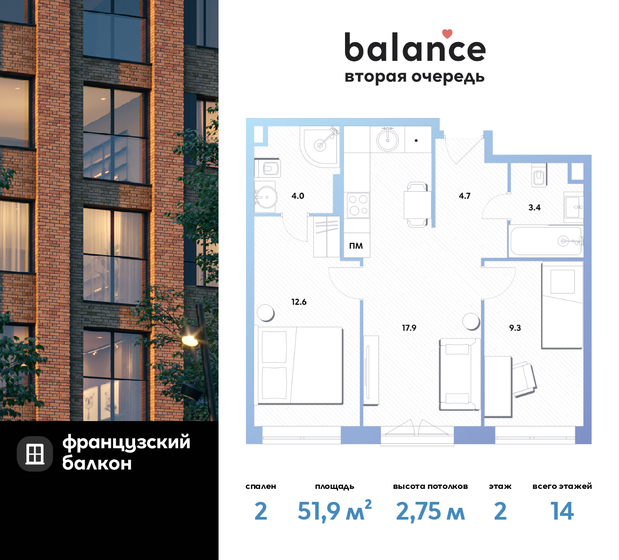 51,9 м², 2-комнатная квартира 14 924 156 ₽ - изображение 1