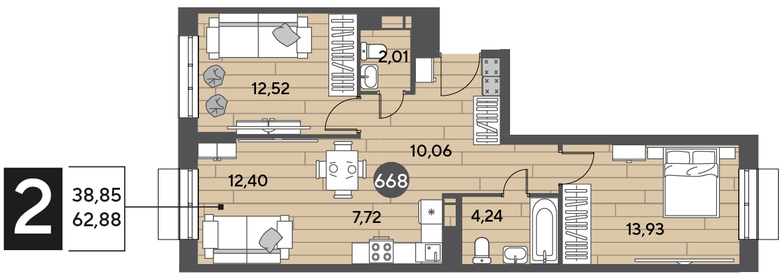 Квартира 62,9 м², 2-комнатная - изображение 1