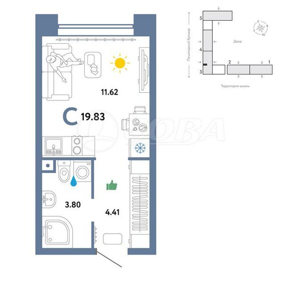 19,2 м², квартира-студия 3 680 000 ₽ - изображение 1