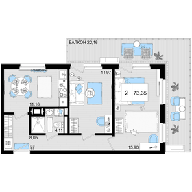 Квартира 73,4 м², 2-комнатные - изображение 1