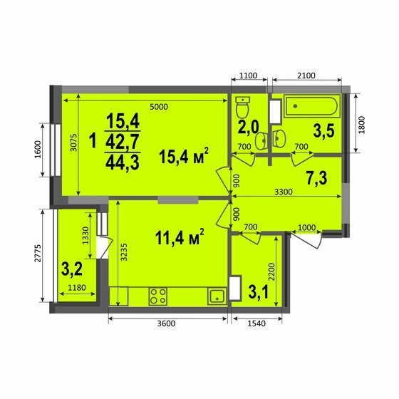 44,3 м², 1-комнатная квартира 4 119 900 ₽ - изображение 1