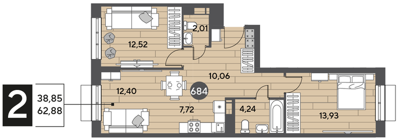 Квартира 62,9 м², 2-комнатная - изображение 1