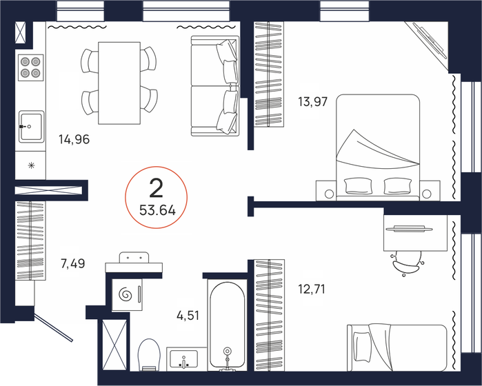53,6 м², 2-комнатная квартира 6 974 000 ₽ - изображение 1