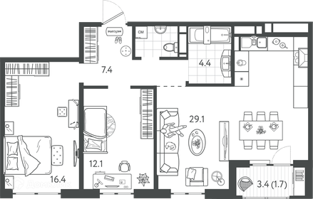 Квартира 73,5 м², 2-комнатная - изображение 1