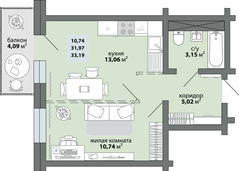 29,7 м², 1-комнатная квартира 3 500 000 ₽ - изображение 65