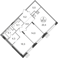 Квартира 80,8 м², 2-комнатная - изображение 1