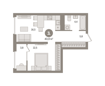 Квартира 43 м², 1-комнатная - изображение 1