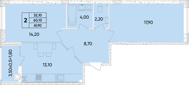 Квартира 61,9 м², 2-комнатная - изображение 1