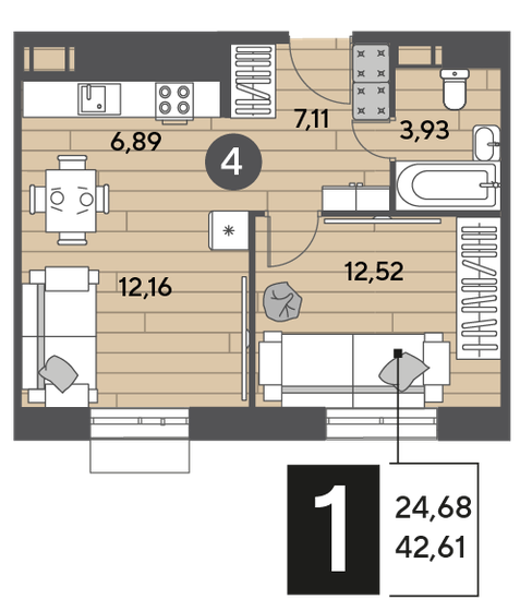 42,6 м², 1-комнатная квартира 6 638 638 ₽ - изображение 1