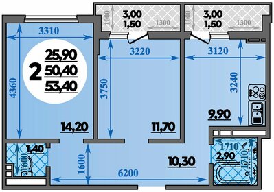 Квартира 53,4 м², 2-комнатная - изображение 1