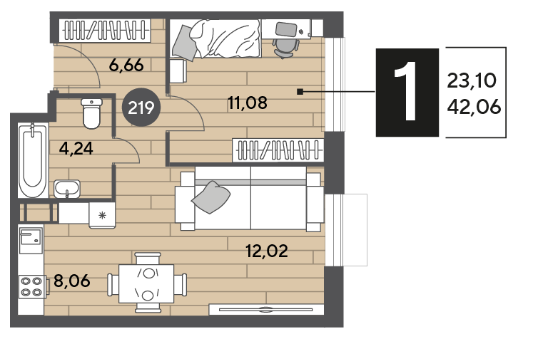 42,1 м², 1-комнатная квартира 6 691 746 ₽ - изображение 1