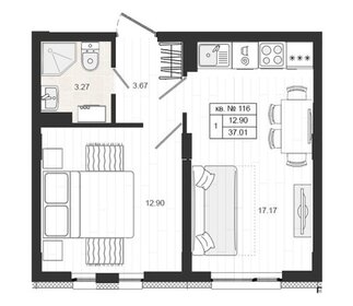 Квартира 37 м², 1-комнатная - изображение 1