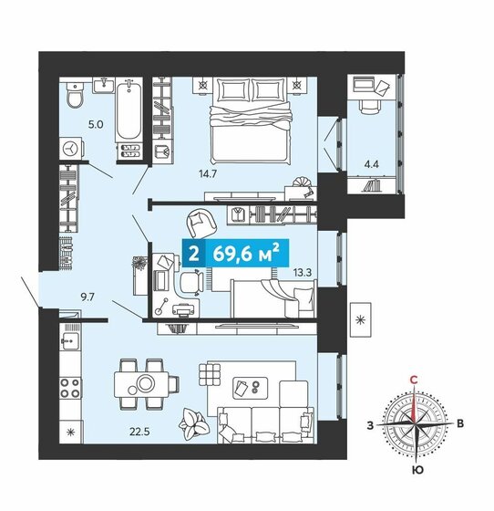 69,6 м², 2-комнатная квартира 6 126 660 ₽ - изображение 1