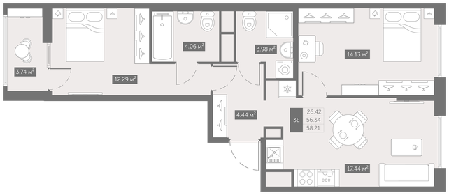 Квартира 58,2 м², 2-комнатная - изображение 1