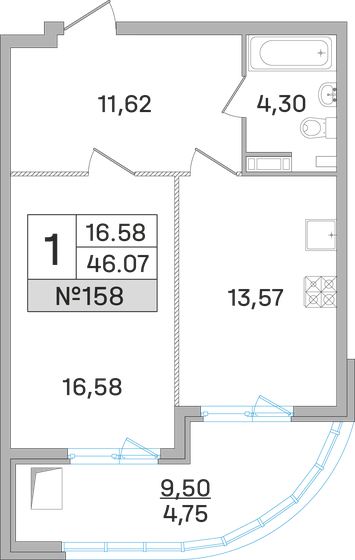 46,1 м², 1-комнатная квартира 8 905 000 ₽ - изображение 1