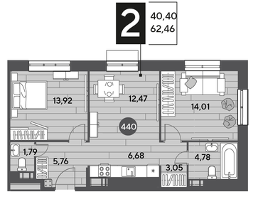 62,4 м², 2-комнатная квартира 8 926 060 ₽ - изображение 15