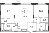 Квартира 75,1 м², 2-комнатная - изображение 1