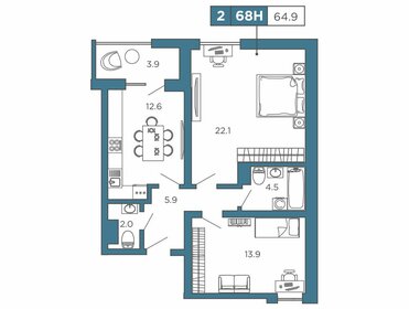 Квартира 64,9 м², 2-комнатные - изображение 1