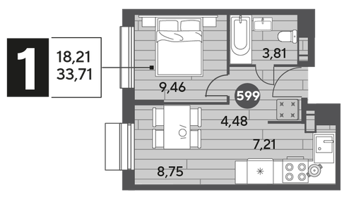 Квартира 33,7 м², 1-комнатная - изображение 1
