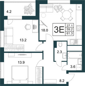Квартира 61,3 м², 2-комнатная - изображение 1