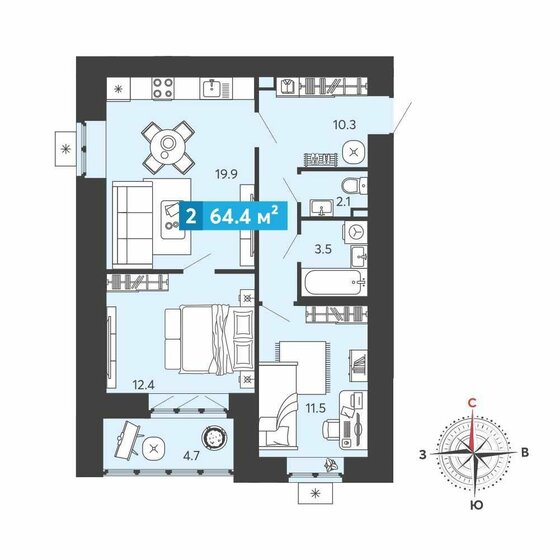 64,4 м², 2-комнатная квартира 5 472 810 ₽ - изображение 1