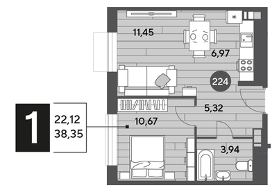 38,8 м², 1-комнатная квартира 6 365 439 ₽ - изображение 29