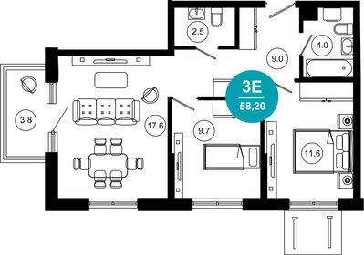 Квартира 58,2 м², 3-комнатные - изображение 1