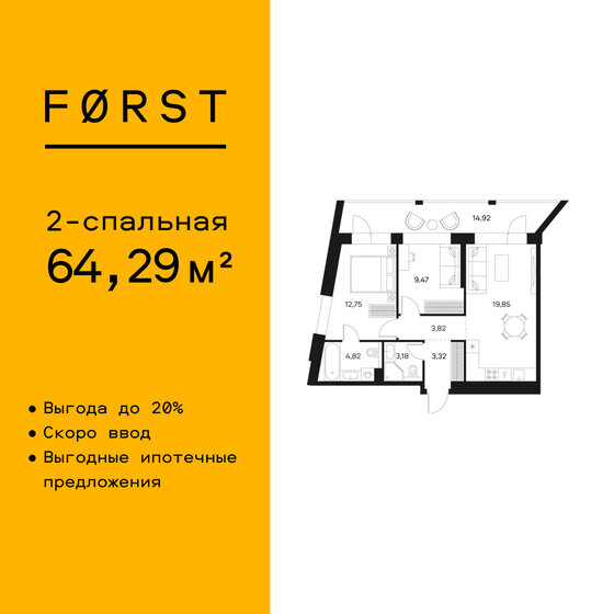 64,3 м², 2-комнатная квартира 25 196 536 ₽ - изображение 1