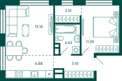 46,2 м², 1-комнатная квартира 9 276 544 ₽ - изображение 1