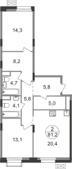 Квартира 81,2 м², 2-комнатная - изображение 1