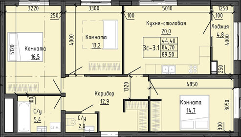 Квартира 89,6 м², 3-комнатная - изображение 1