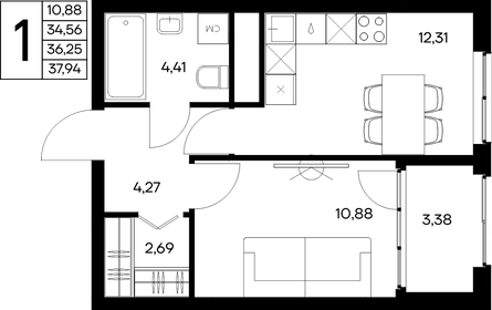 Квартира 37,9 м², 1-комнатная - изображение 1