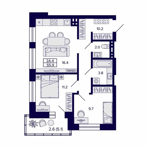 56,2 м², 2-комнатная квартира 5 390 400 ₽ - изображение 4