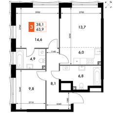 Квартира 63,9 м², 3-комнатная - изображение 2