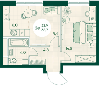 Квартира 38,7 м², 2-комнатная - изображение 1