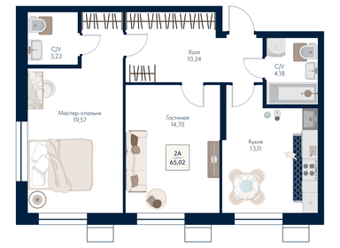 Квартира 65 м², 2-комнатная - изображение 1