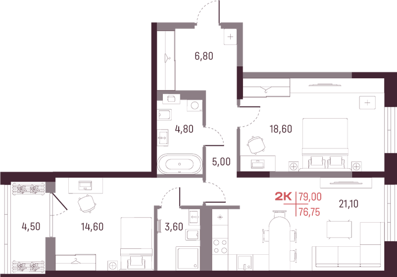 76,8 м², 2-комнатная квартира 10 514 750 ₽ - изображение 1