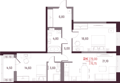 Квартира 76,8 м², 2-комнатная - изображение 1